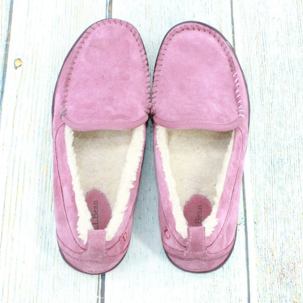 LL Bean Pink Suede Shearling Lined Mountain Moccasin Slippers Size 11 M - Picture 7 of 9